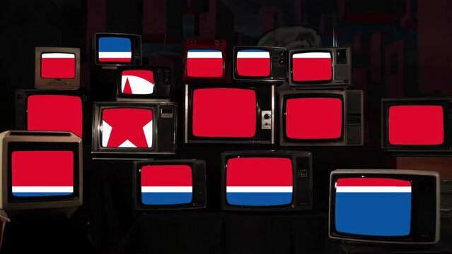 Flag of North Korea and Vintage Televisions. 4K Resolution.