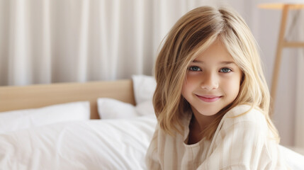 Naklejka premium Cute 9 years old blond girl sitting on her bed and smiling in morning, cozy bedroom, closeup portrait