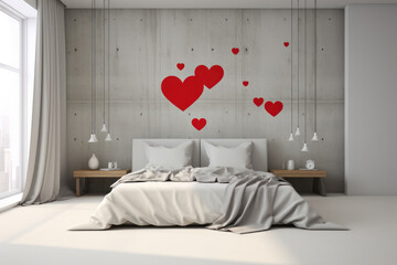 Valentines day decorations in bedroom with red heart and flowers. Creative festive romantic white interior.