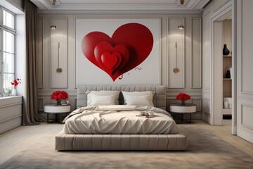 Valentines day decorations in bedroom with red heart and flowers. Creative festive romantic interior.