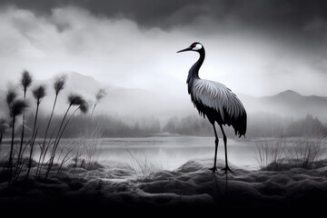 Crane bird in misty waterscape with mountain silhouette background - obrazy, fototapety, plakaty