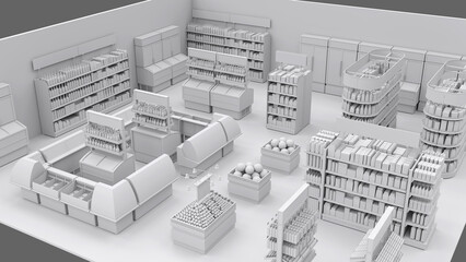 Sales floor, rows of shelving with advertising space and blank products. 3d illustration