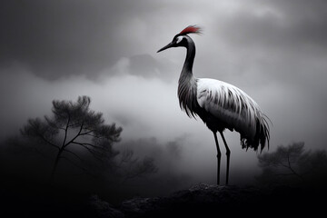 Elegant crane in monochrome with misty backdrop and trees - obrazy, fototapety, plakaty