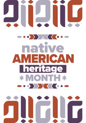 Fototapeta premium Native American Heritage Month. American Indian culture. Celebrate annual in in November in United States. Tradition Indian pattern. Poster and banner. Vector authentic ornament, ethnic illustration