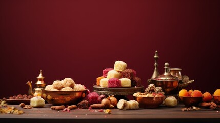 A variety of Pakistani sweetmeats, including Laddu, Burfi, and more, artfully arranged, set against a solid maroon background for a festive ad.