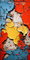 Peeling red, yellow, and blue paint layers