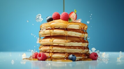 A tower of fluffy pancakes dripping with maple syrup and berries, set against a solid light blue...