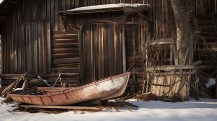 A vintage sled leaning against a rustic barn, waiting for its next adventure.