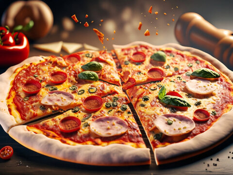 Uma pizza cortada em 4 peda&ccedil;os com alguns ingredientes flutuando ao redor.