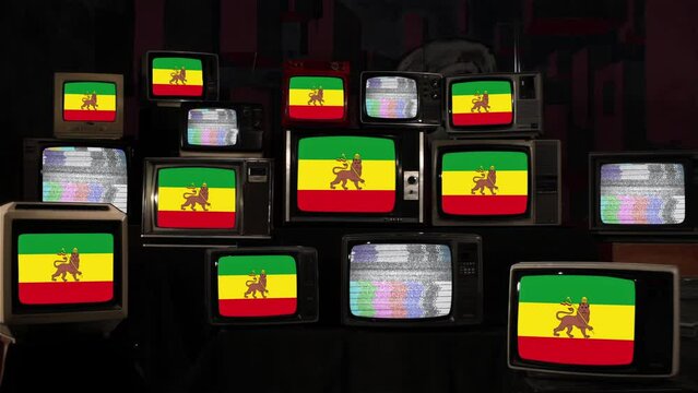 Rastafari Flag (Or Ethiopian Empire Flag) and Vintage Televisions. 4K Resolution. 