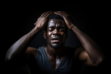 Desperate black man is crying and screaming against dark background. Suffering from depression and headaches. Negative emotions - obrazy, fototapety, plakaty