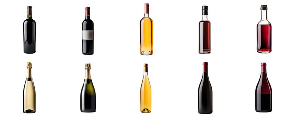 Assorted collection of wine and champagne bottles isolated on a transparent background, depicting variety in wine industry packaging