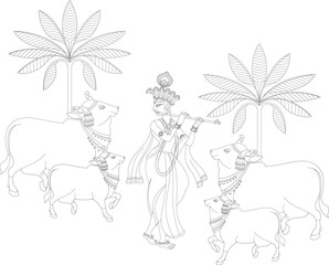 Lord Krishna in Indian mythology. Wall painting in Rajasthan India. Kalamkari. for a coloring book, textile fabric prints, phone case, greeting card. logo, calendar	
