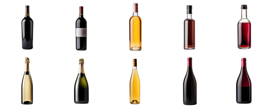Assorted collection of wine and champagne bottles isolated on a transparent background, depicting variety in wine industry packaging