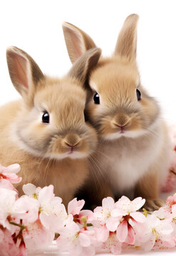 A pair of cute brown Easter bunny on a background of cherry blossoms. Easter holiday.