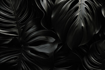 Black monstera leaves abstract background. Nature texture leaf black and white template. Flat lay. Dark nature concept