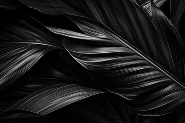 Fototapeta premium Abstract black tropical leaves background. Nature texture leaf black and white template, Floral fantasy pattern