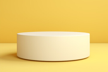 White round empty table on yellow wall background, mockup concept suitable for presentations such as product or merchandise display.