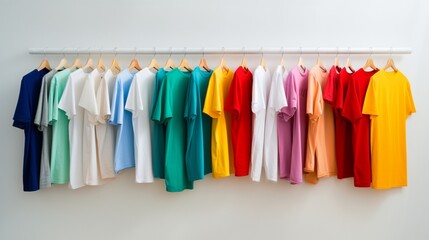 An impeccable photograph capturing the essence of colorful t-shirts on a solid white backdrop, a delightful visual treat.