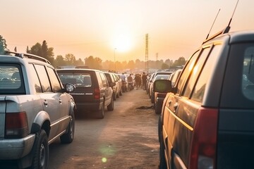 Crowded roads filled with a line of car vehicles, people fleeing a city. A poignant image illustrating social issues the concept of mass evacuation, refugees escaping war or disaster. - obrazy, fototapety, plakaty