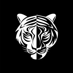 A Tiger head logo, in the style of black and white art. Illustration on black background. Symmetrical design