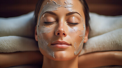 An adult woman with a silver facial peel-off mask rests peacefully during a skincare treatment, her face expressing complete relaxation in a spa environment.
