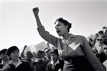 Black woman in the 1960s demonstrating at a civil rights event - obrazy, fototapety, plakaty