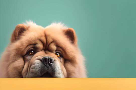 Creative animal concept. Chow chow dog puppy peeking over pastel bright background. advertisement, banner, card. copy text space. birthday party invite invitation	
