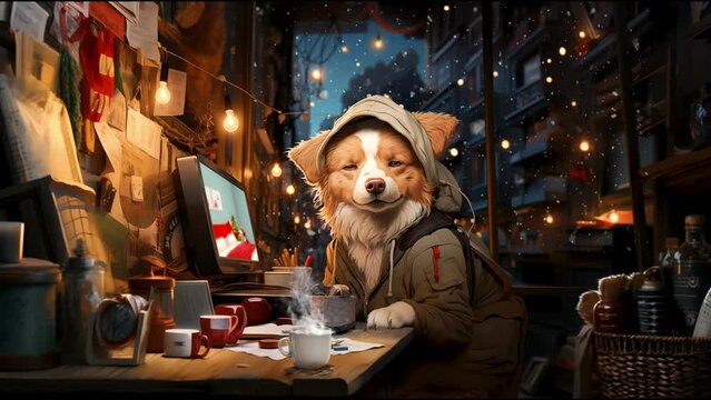 Cozy Christmas ambiance with a hoodie-clad dog Vtuber editing digital content on a computer amidst snowfall. Ideal for festive music visualizer backgrounds  and video calls 