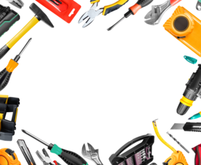 Various new construction tools for work with place for inscription on a transparent background