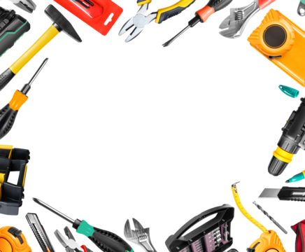 Various new construction tools for work with place for inscription on a transparent background