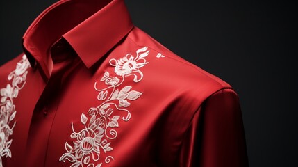 Craft a photo of a crimson red dress shirt, showcasing the intricate details of its fabric on a solid white background.