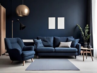 Living room with dark blue sofa, elegant and comfortable.