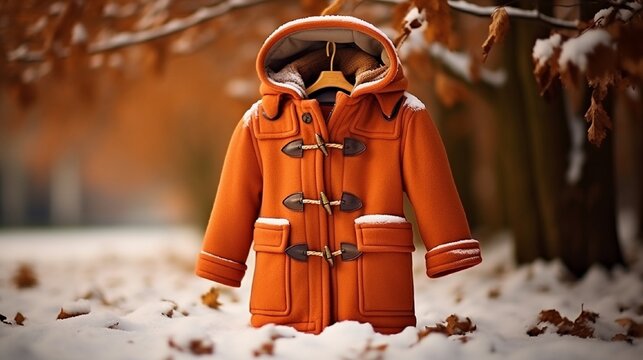 Craft an image of a classic duffle coat with toggle closures, perfect for a winter walk in the park.