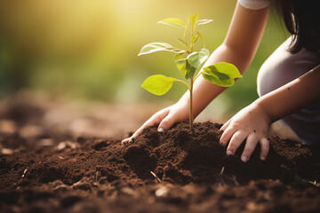 Close-ups of children gardening or planting trees, fostering a sense of care and responsibility for nature, with copy space - obrazy, fototapety, plakaty