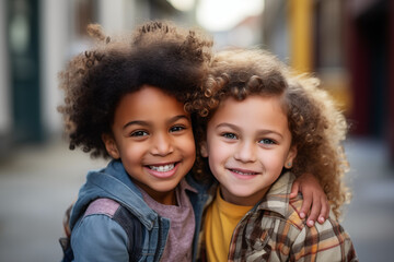 Portraits showcasing kids engaging in random acts of kindness, such as giving compliments or helping others, with copy space
