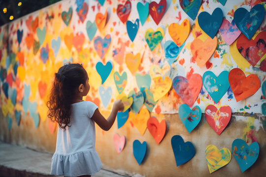 Creative compositions depicting kids creating kindness posters or art installations, spreading messages of love and kindness, with copy space