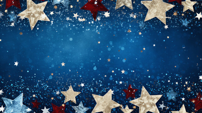 American holiday banner in flag colors. USA Independence Day and Memorial Day. Red and white stars on blue shabby background. Copy space