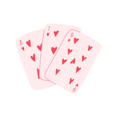 Hand drawn playing cards, flat vector illustration isolated on white background. Hearts cards as symbol of love and Valentines day. Drawing with grunge texture.