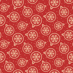 Small contour linear Christmas balls isolated on a red background. Cute monochrome holiday seamless pattern. Vector simple flat graphic illustration. Texture.