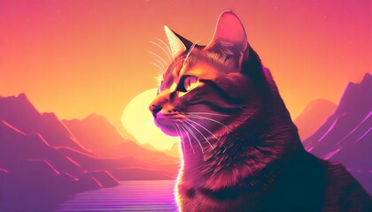 gatto tigrato in primo piano su sfondo tramonto effetto synthwave con toni caldi generato con ai