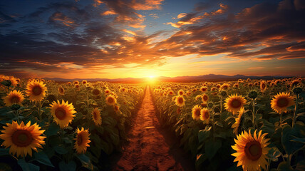 Panoramic view of the sunflower field with a sunset