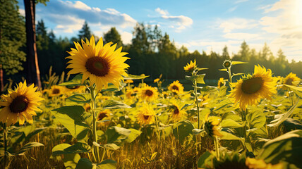 Sunflower field with forest in the background - obrazy, fototapety, plakaty