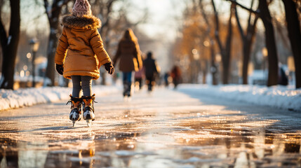 A group of people and children skating. Ai generativ.