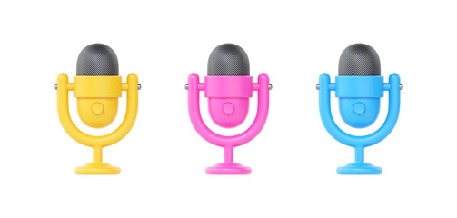 3d mic icon set for podcast, music microphone render using on radio or live interview. Cute speaker for vocal