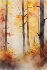 watercolor painting of autumn forest with fog. The trees are covered in leaves of various colors, including yellow, orange, red and brown. mystery and romance.