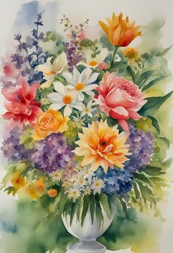 The image shows a watercolor painting of a bouquet of flowers on a white background. The bouquet is composed of different types of flowers, including roses, lilies, tulips and chrysanthemums.