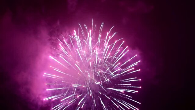 Best beautiful color fireworks in night sky. Sparks, outdoor, show, event, party, festive, holiday, effect, bright, light, flash, shiny, fun, dark, glow, motion, view, shot, display, hd. ProRes 422 HQ