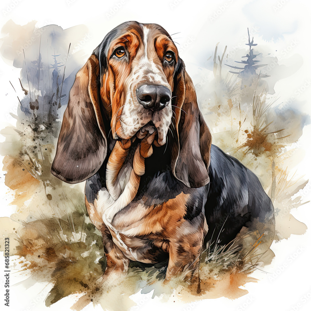 Poster watercolor Basset Hound clipart, Generative Ai