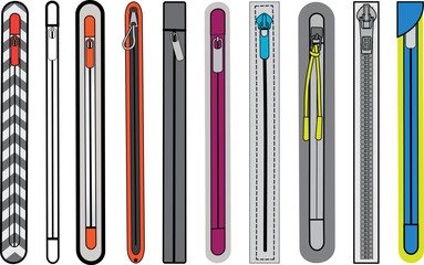 Zip fastener with Zipper puller flat sketch vector illustrator. Set of water proof invisible Zip pocket types for  Shorts, Pants, dress garments, bags, jackets Clothing and Accessories